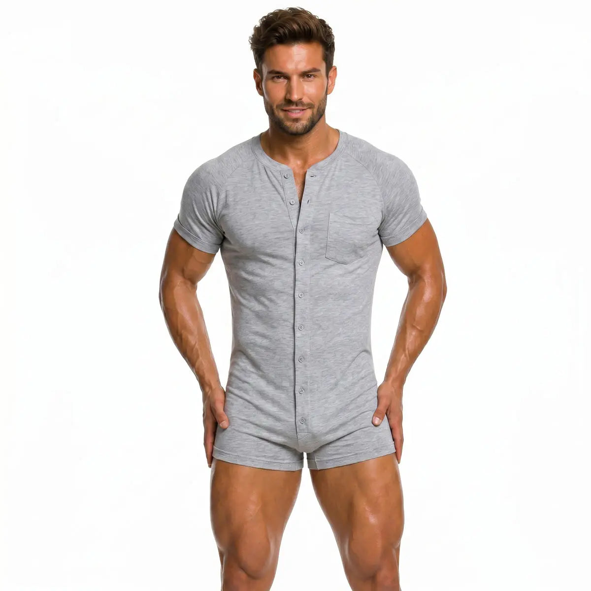 Men's Soft Cotton Blend Stretchy Knitting Short Sleeve Henley Overalls - Round Neck, Button-Front, Relaxed Boxers Bottoms, Minimalist Fit, Activewear, All-Seasons Casual Homewear Streetwear