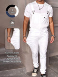 Men's Casual Denim Jumpsuit, Elastic Stretch Jean Fabric Adjustable Straps & Pockets, Workwear Overall, All Seasons, Button Fly, Fitted Style