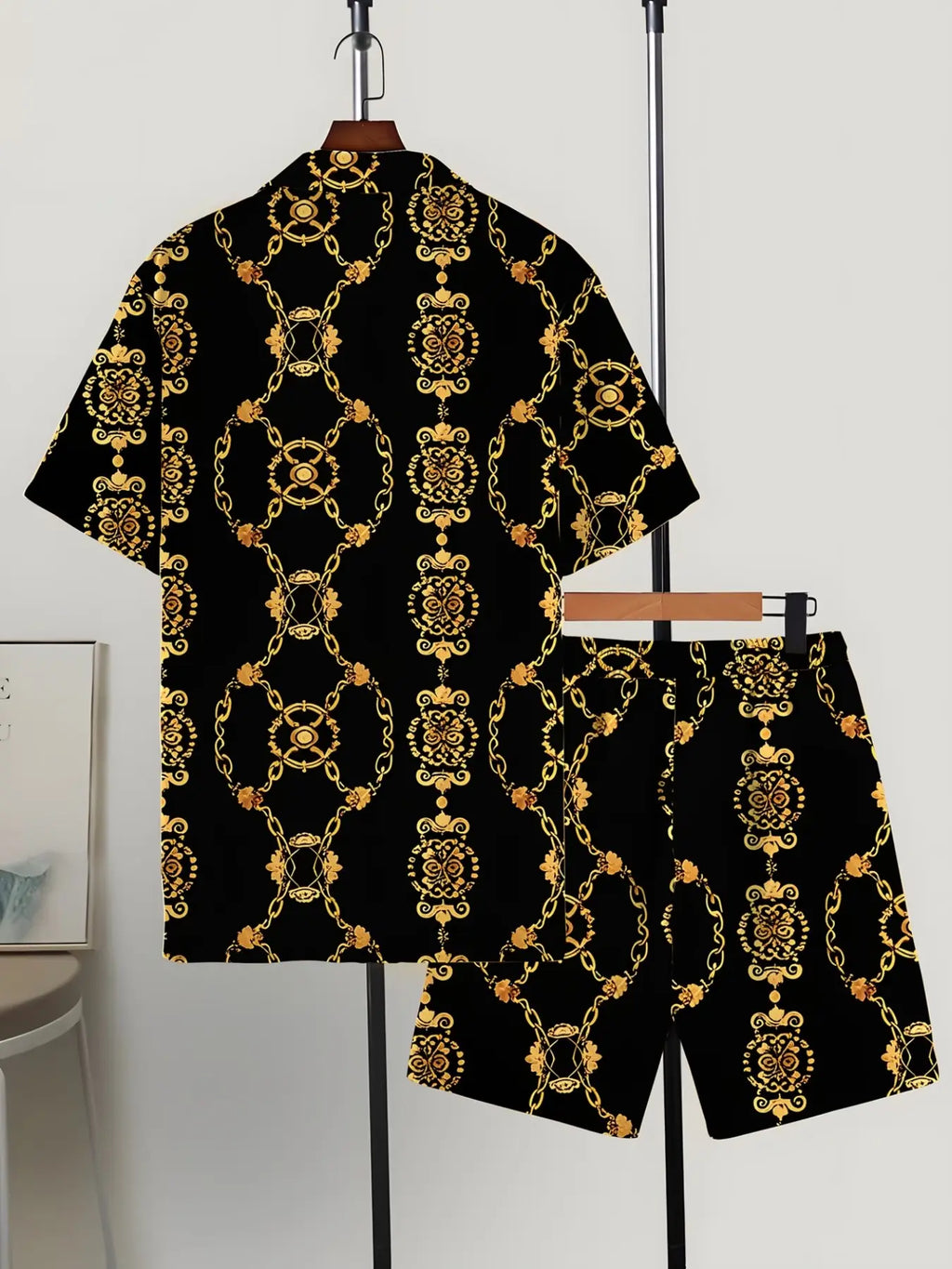 Men's Gold Geometric Pattern Romper, Summer Ready Tropical Casual Fashion Beachwear, Summer Clothes, Short Pants, Slim-Fitting, Graphic Design, Menswear
