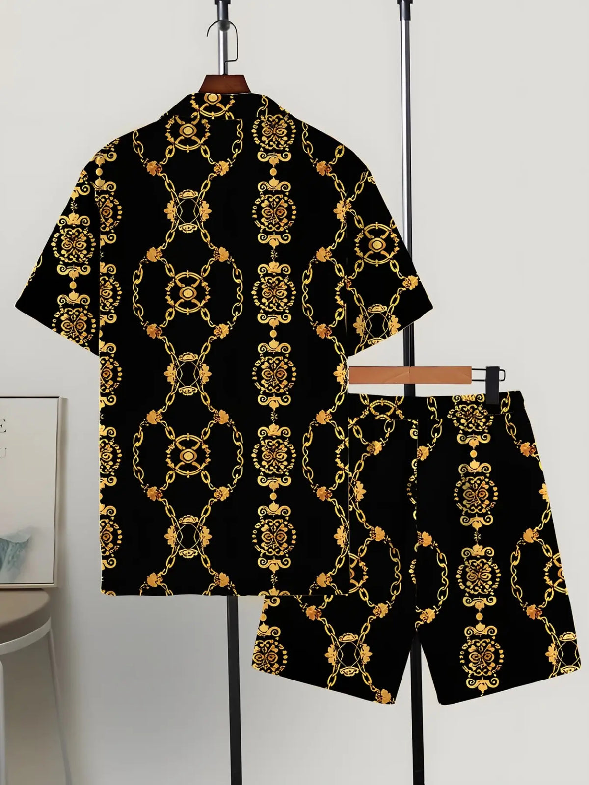Men's Gold Geometric Pattern Romper, Summer Ready Tropical Casual Fashion Beachwear, Summer Clothes, Short Pants, Slim-Fitting, Graphic Design, Menswear