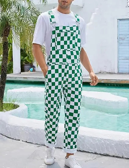 YUANBANG Men's Stretch Denim Overalls, St. Patrick's Day Coveralls, Green Checkered Bibs Workwear, Stylish Menswear with Zipper Closure