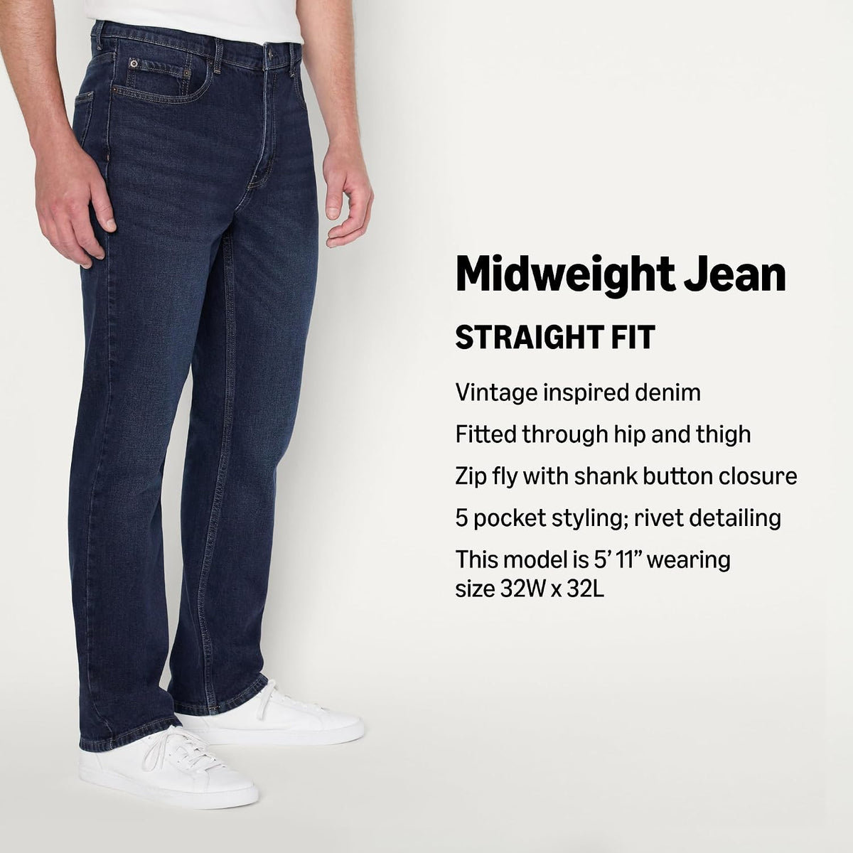 Amazon Essentials Men's Straight-Fit Jeans, Midweight Vintage Inspired Denim, Fitted Through Hip and Thigh