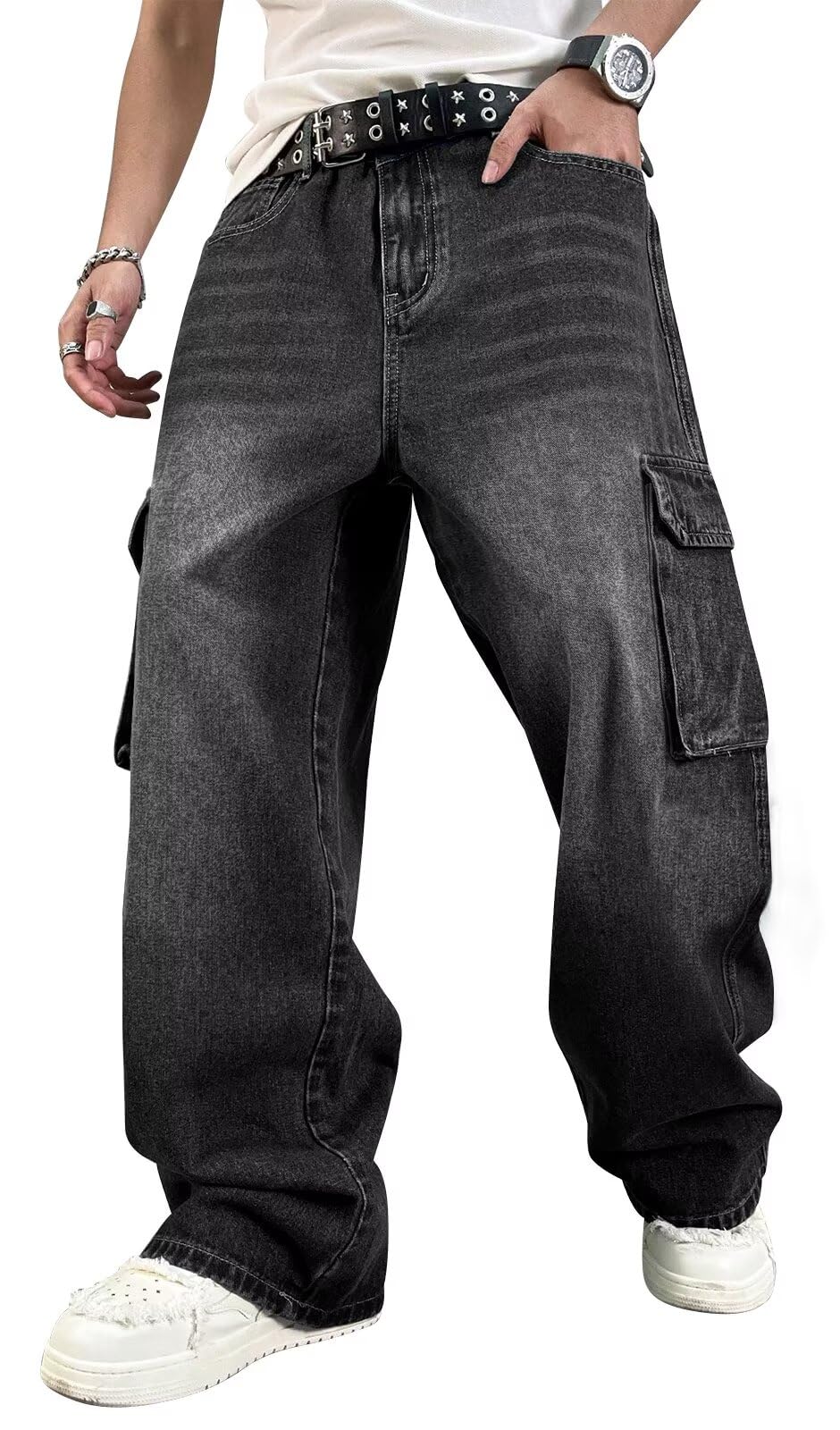 HUNGSON Mens Baggy Cargo Jeans for Men Y2k Skater Vintage Plain Pants Casual Wide Leg Jeans Loose Fit Denim Jeans