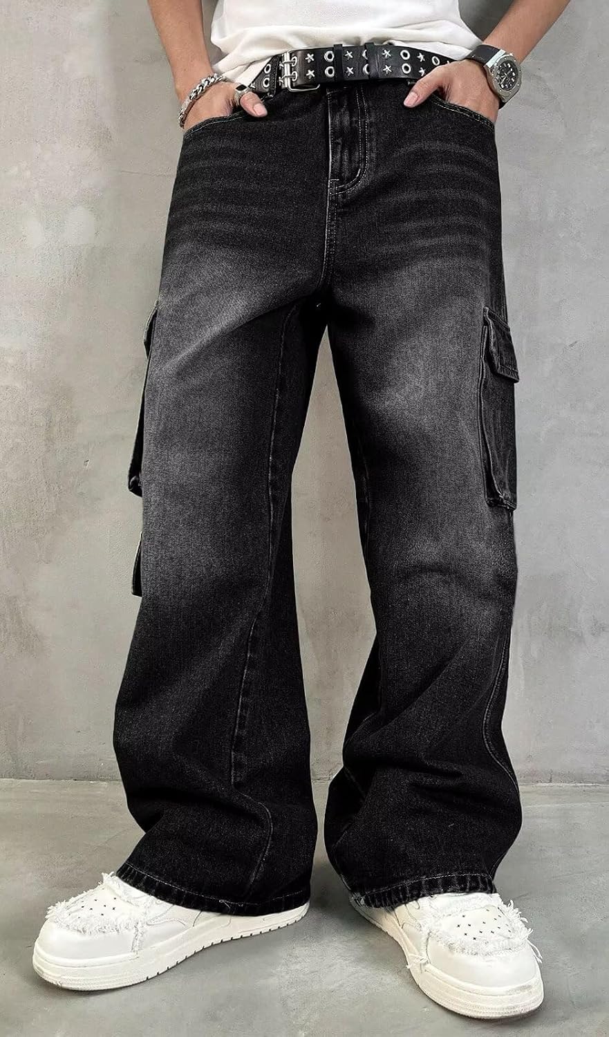 HUNGSON Mens Baggy Cargo Jeans for Men Y2k Skater Vintage Plain Pants Casual Wide Leg Jeans Loose Fit Denim Jeans