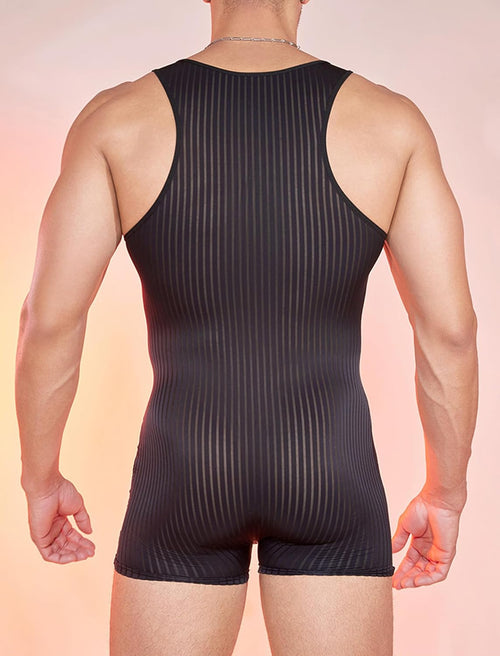 ABAFIP Men's Sexy Lingerie Bodysuit Stripe Mesh See Through Shorts Romper Sheer Underwear