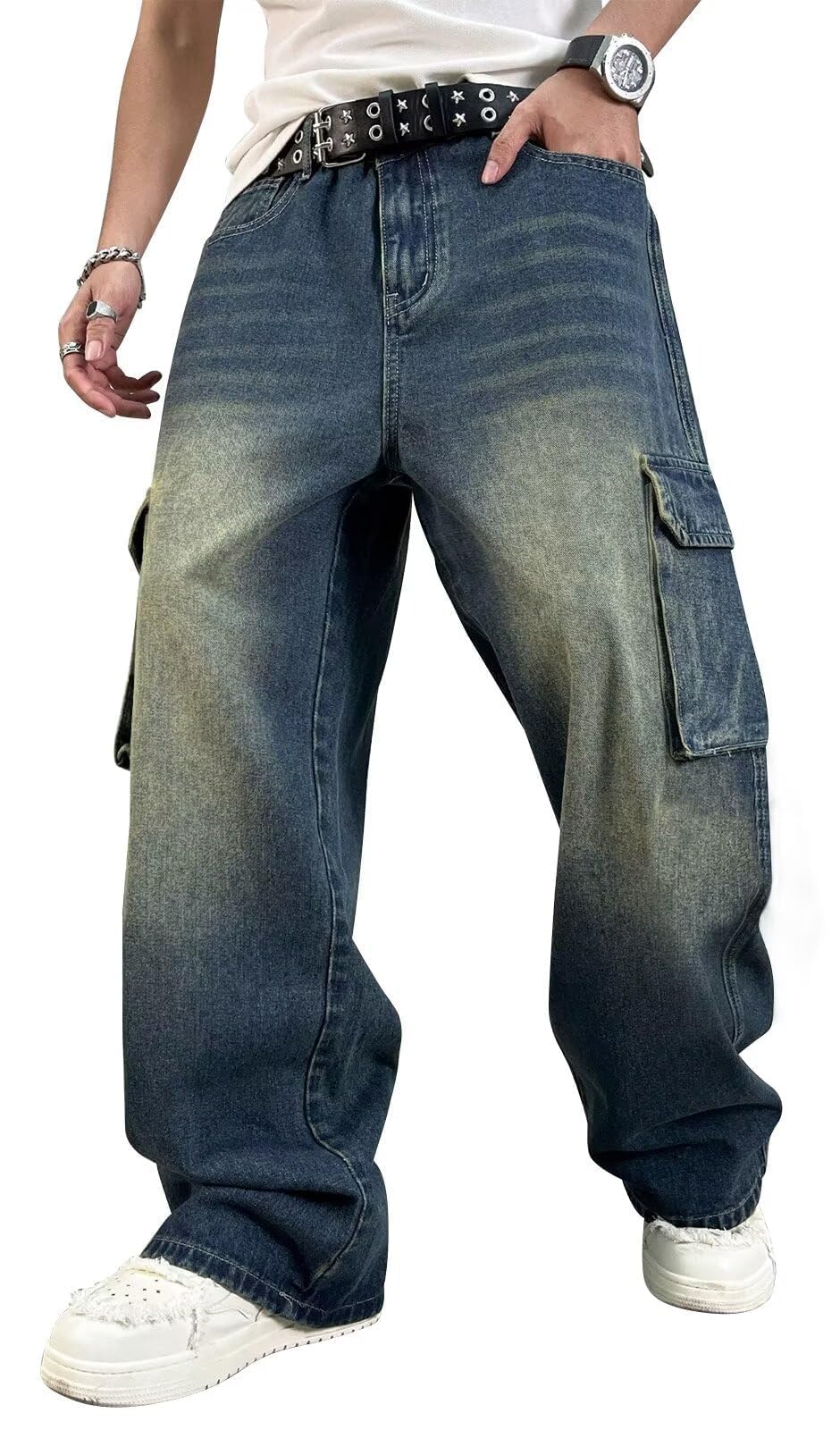 HUNGSON Mens Baggy Cargo Jeans for Men Y2k Skater Vintage Plain Pants Casual Wide Leg Jeans Loose Fit Denim Jeans