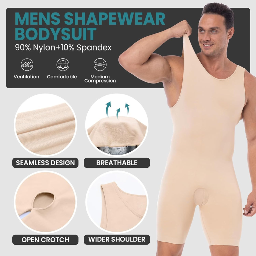 Mens Shapewear Compression Bodysuit Tummy Control Full Body Shaper