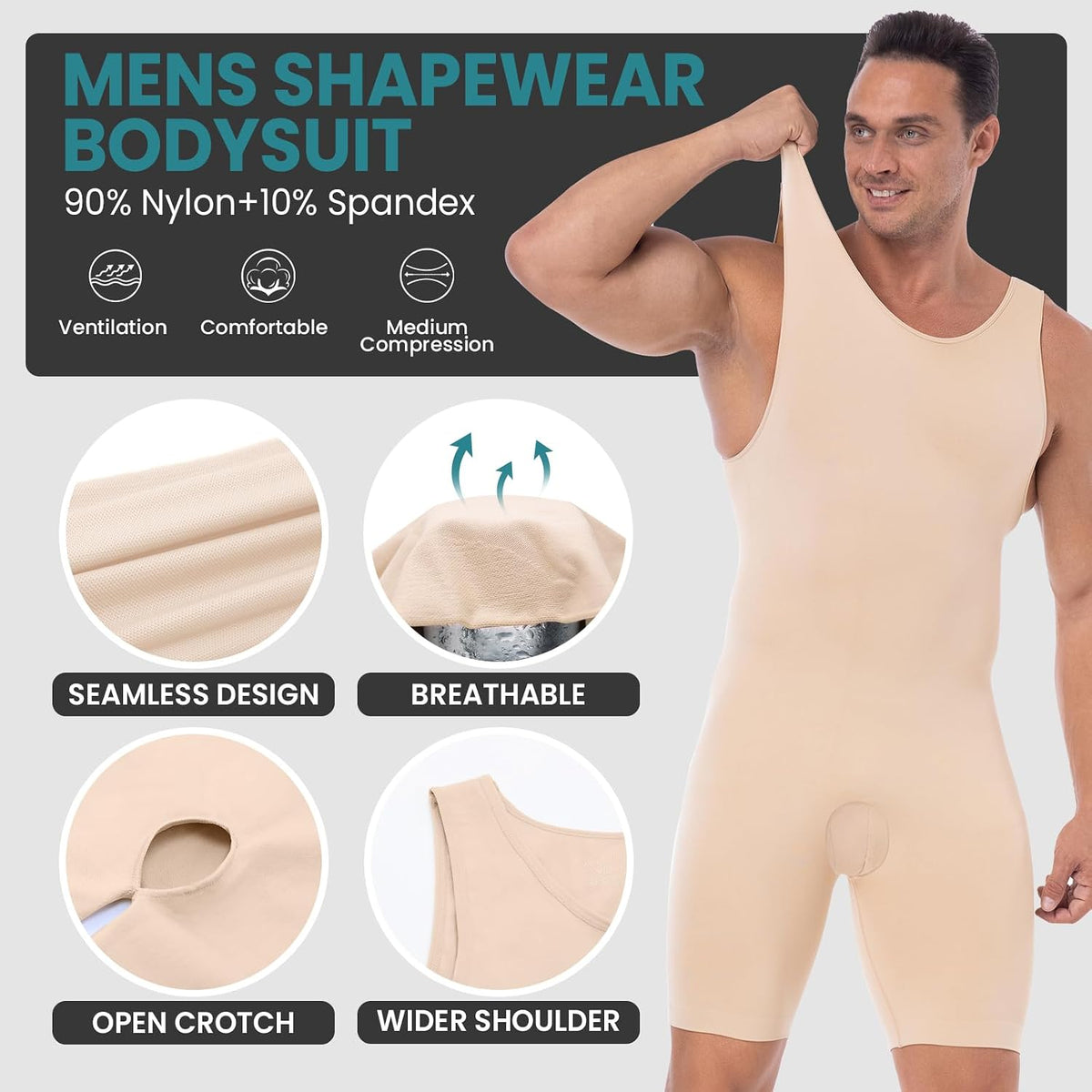 Mens Shapewear Compression Bodysuit Tummy Control Full Body Shaper