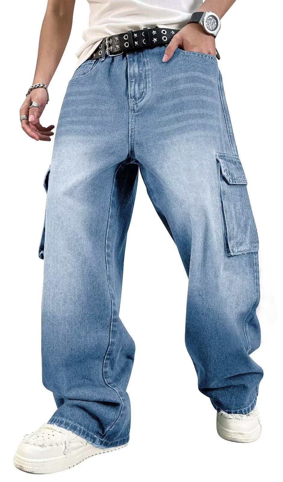 HUNGSON Mens Baggy Cargo Jeans for Men Y2k Skater Vintage Plain Pants Casual Wide Leg Jeans Loose Fit Denim Jeans