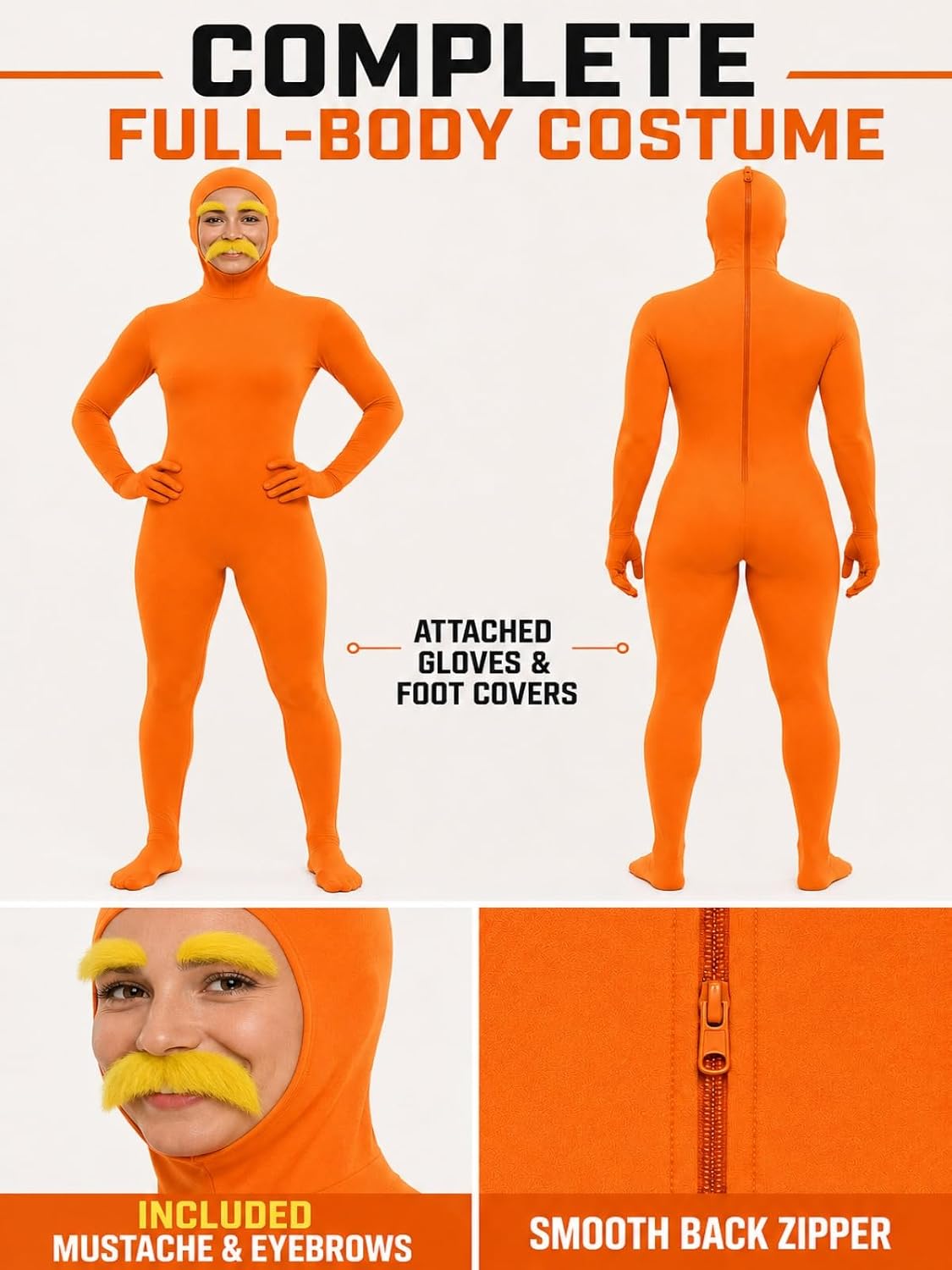 Unisex Adult Orange Bodysuit Halloween Costume with Mustache and Eyebrows