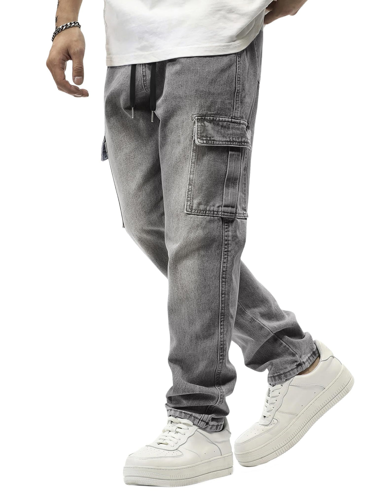 JMIERR Men's Elastic Waist Cargo Jeans Stretch Denim Pants with Drawstring Straight Leg for Casual Daily Wear