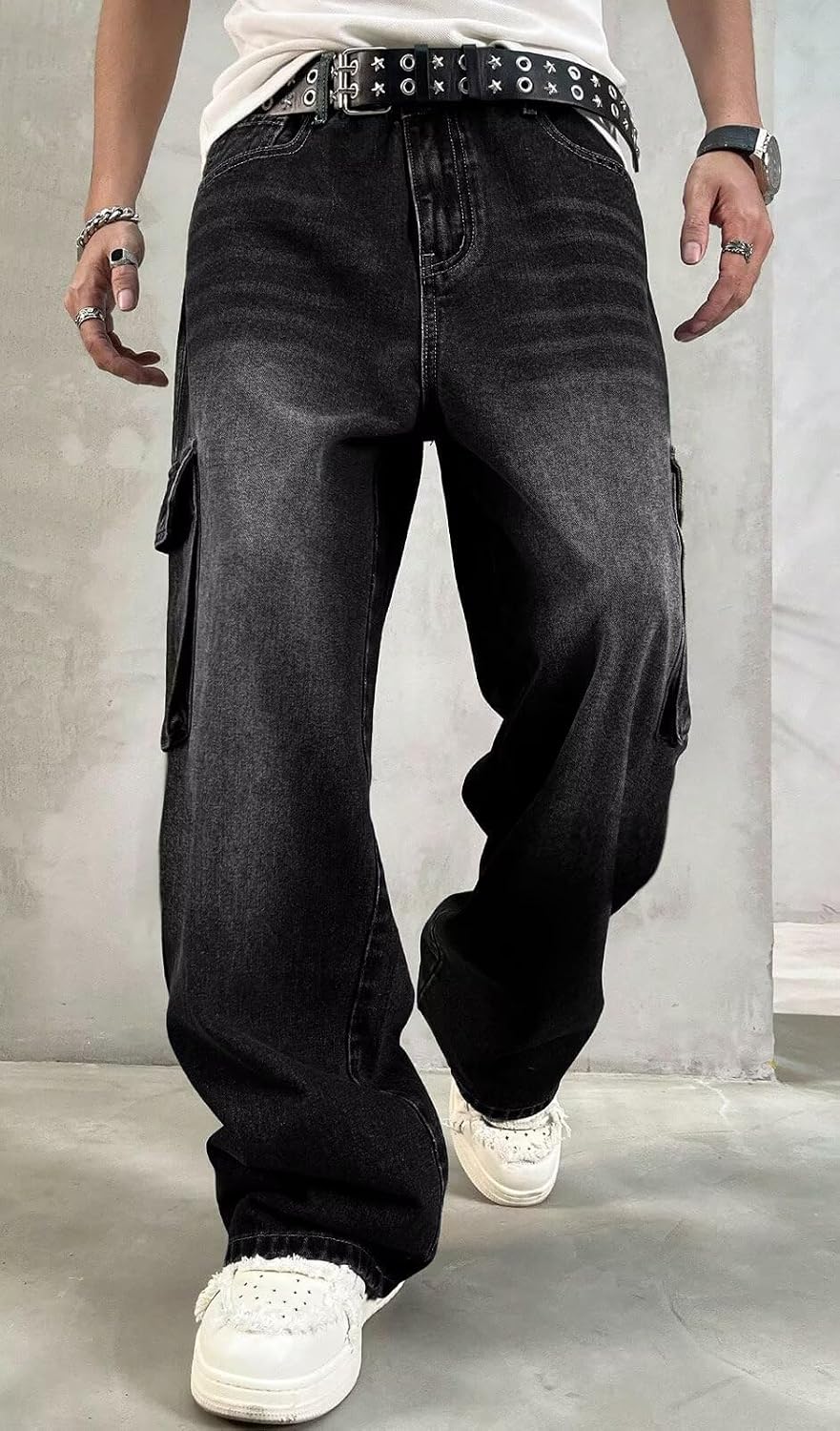 HUNGSON Mens Baggy Cargo Jeans for Men Y2k Skater Vintage Plain Pants Casual Wide Leg Jeans Loose Fit Denim Jeans