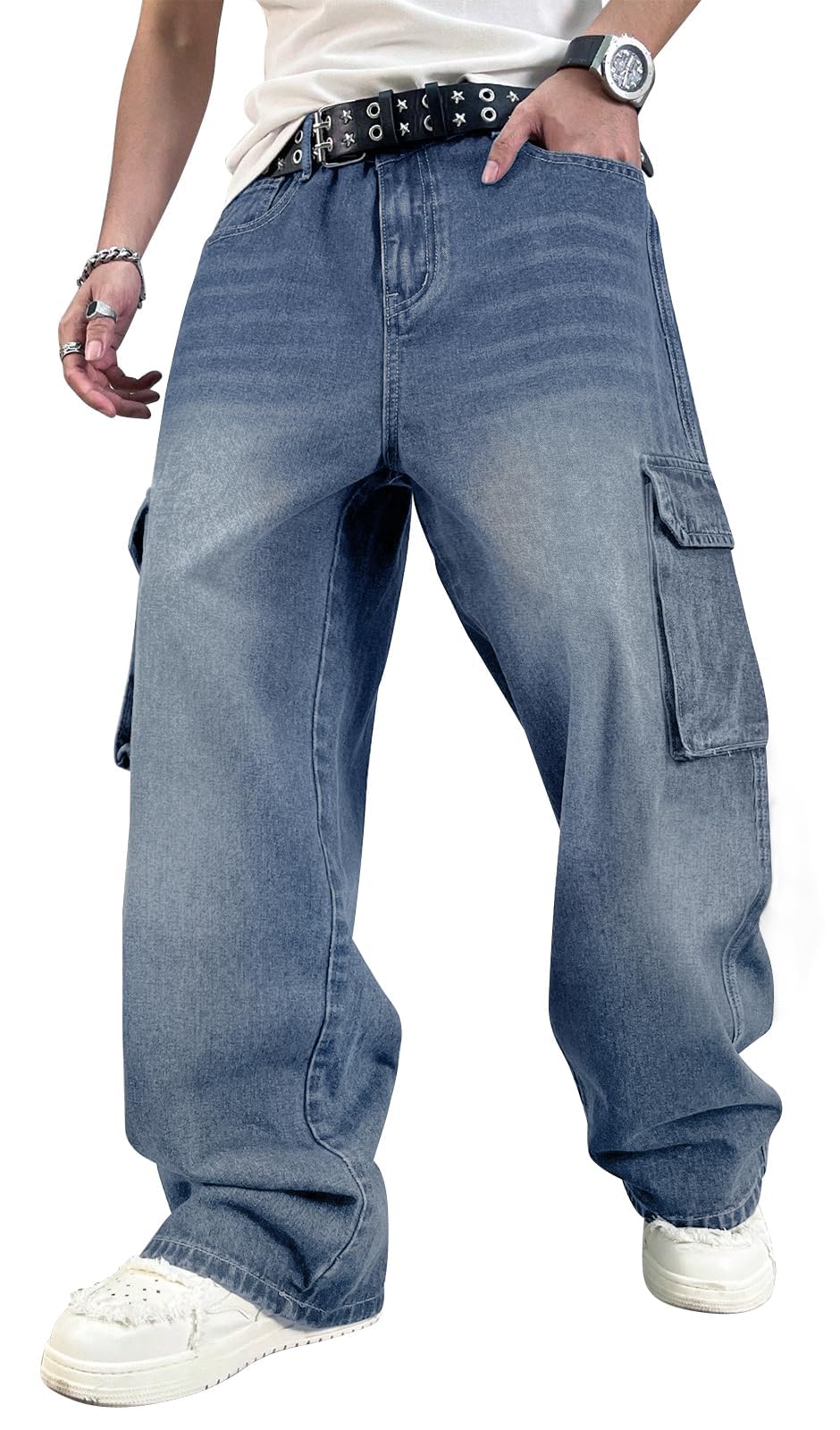 HUNGSON Mens Baggy Cargo Jeans for Men Y2k Skater Vintage Plain Pants Casual Wide Leg Jeans Loose Fit Denim Jeans