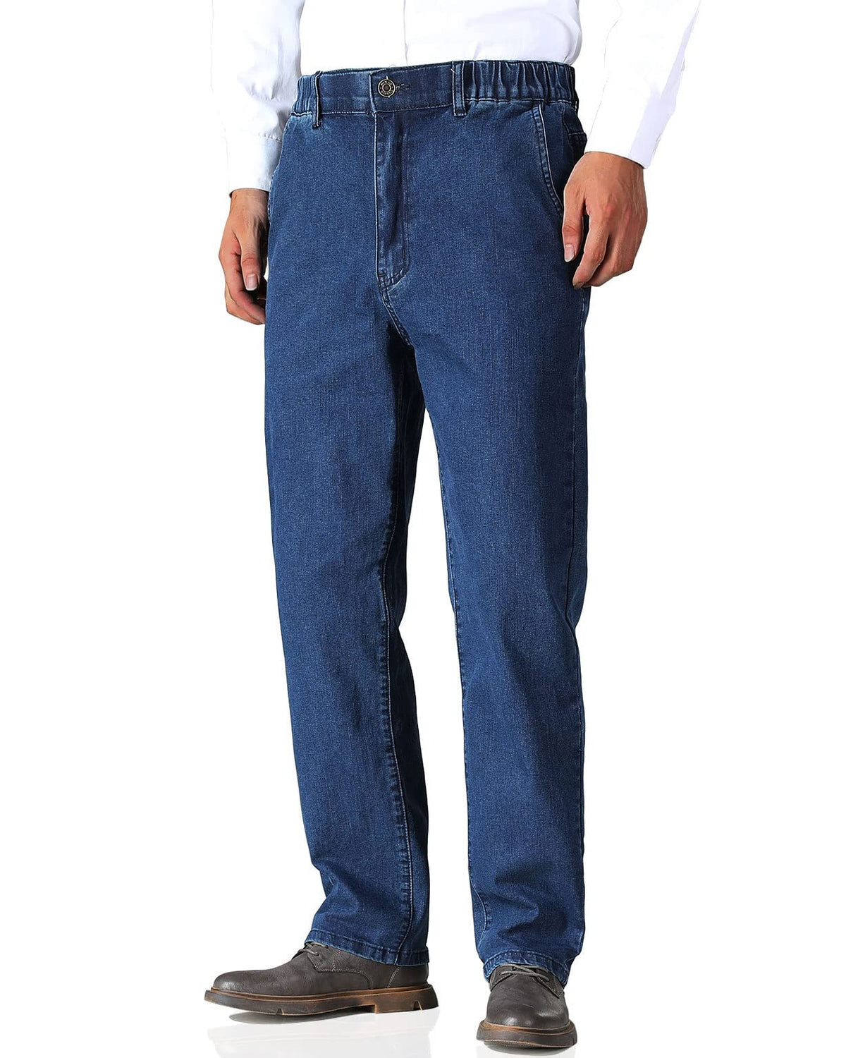 Soojun Mens Elastic Waist Jeans Relaxed Fit with Zipper and Button