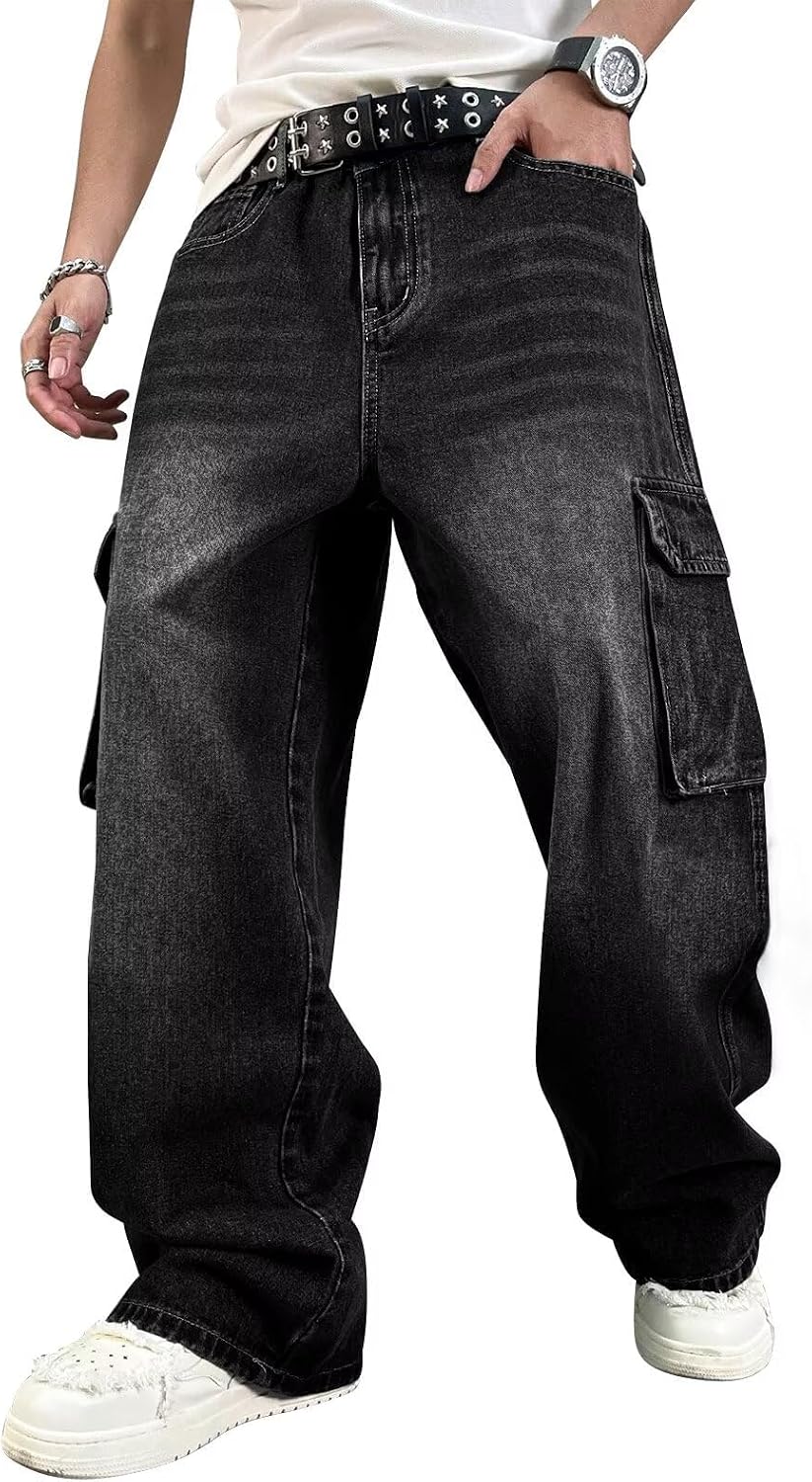 HUNGSON Mens Baggy Cargo Jeans for Men Y2k Skater Vintage Plain Pants Casual Wide Leg Jeans Loose Fit Denim Jeans