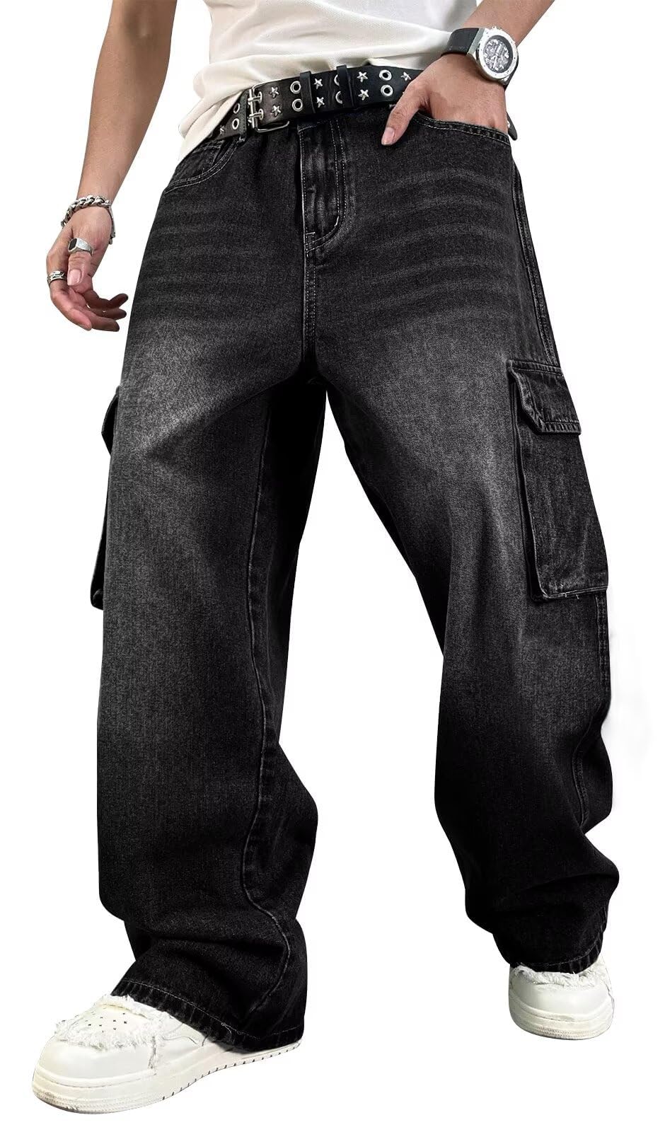 HUNGSON Mens Baggy Cargo Jeans for Men Y2k Skater Vintage Plain Pants Casual Wide Leg Jeans Loose Fit Denim Jeans