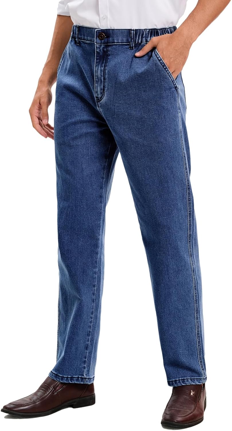 voeeron Mens Elastic Waist Jeans Relaxed Fit Men's Jeans with Elastic Waist with Zipper and Button