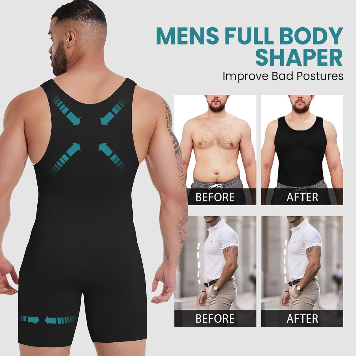 Mens Shapewear Compression Bodysuit Tummy Control Full Body Shaper