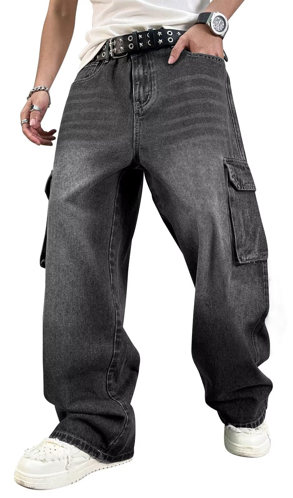 HUNGSON Mens Baggy Cargo Jeans for Men Y2k Skater Vintage Plain Pants Casual Wide Leg Jeans Loose Fit Denim Jeans