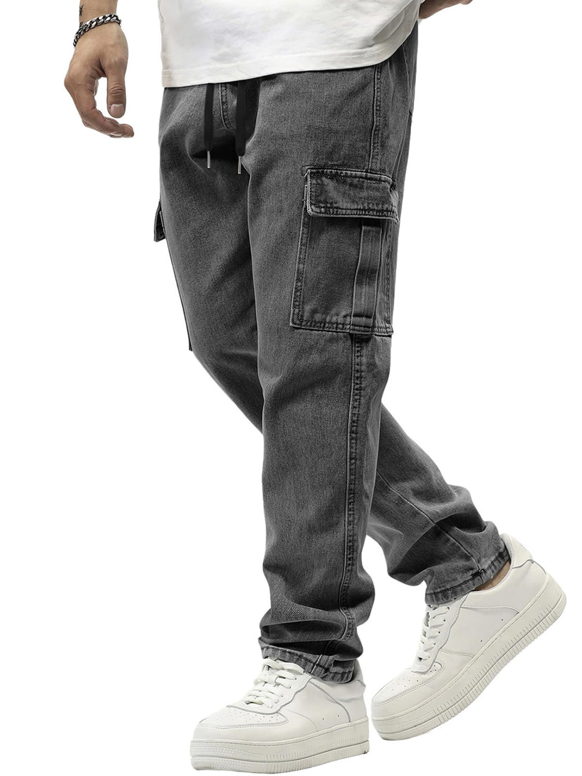 JMIERR Men's Elastic Waist Cargo Jeans Stretch Denim Pants with Drawstring Straight Leg for Casual Daily Wear