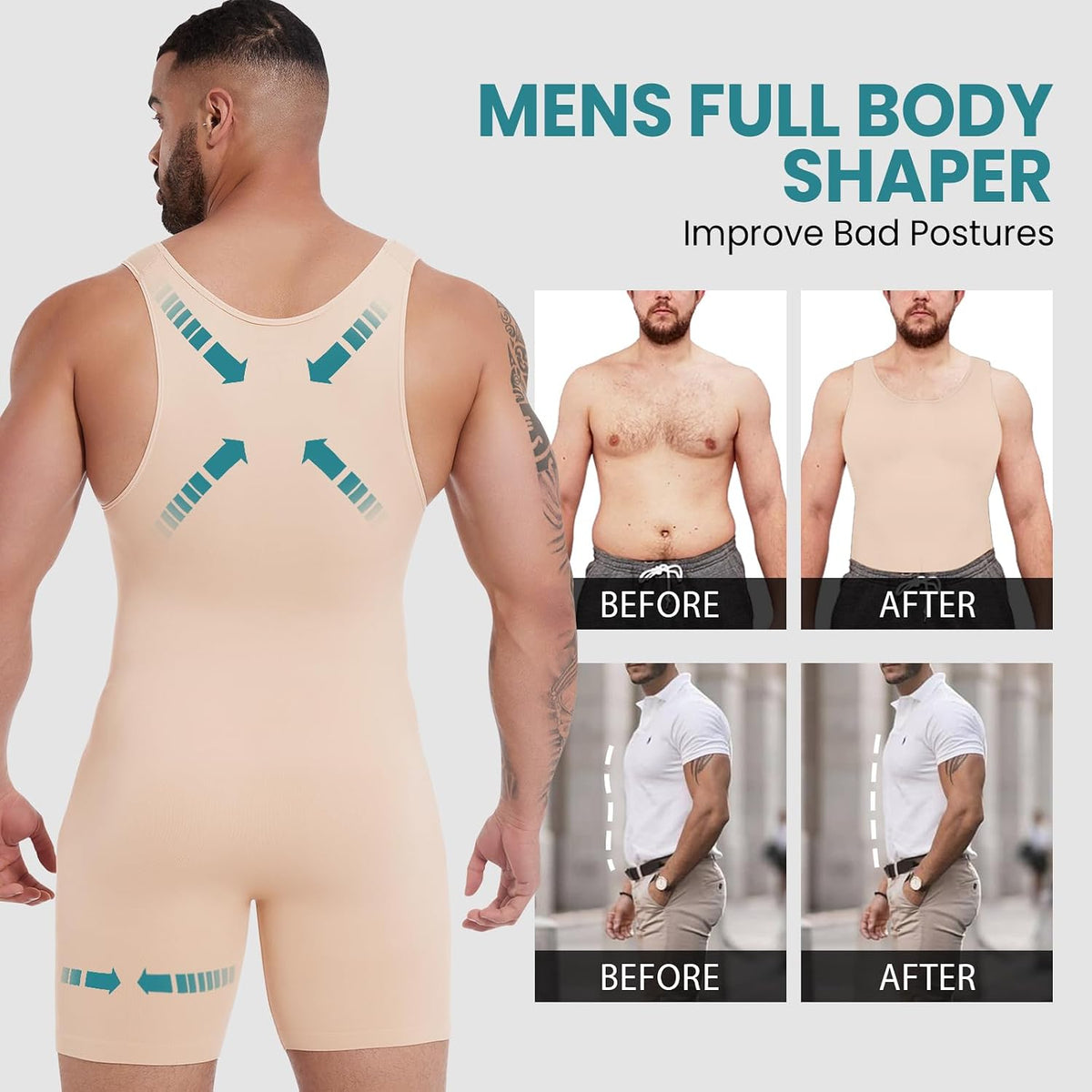 Mens Shapewear Compression Bodysuit Tummy Control Full Body Shaper