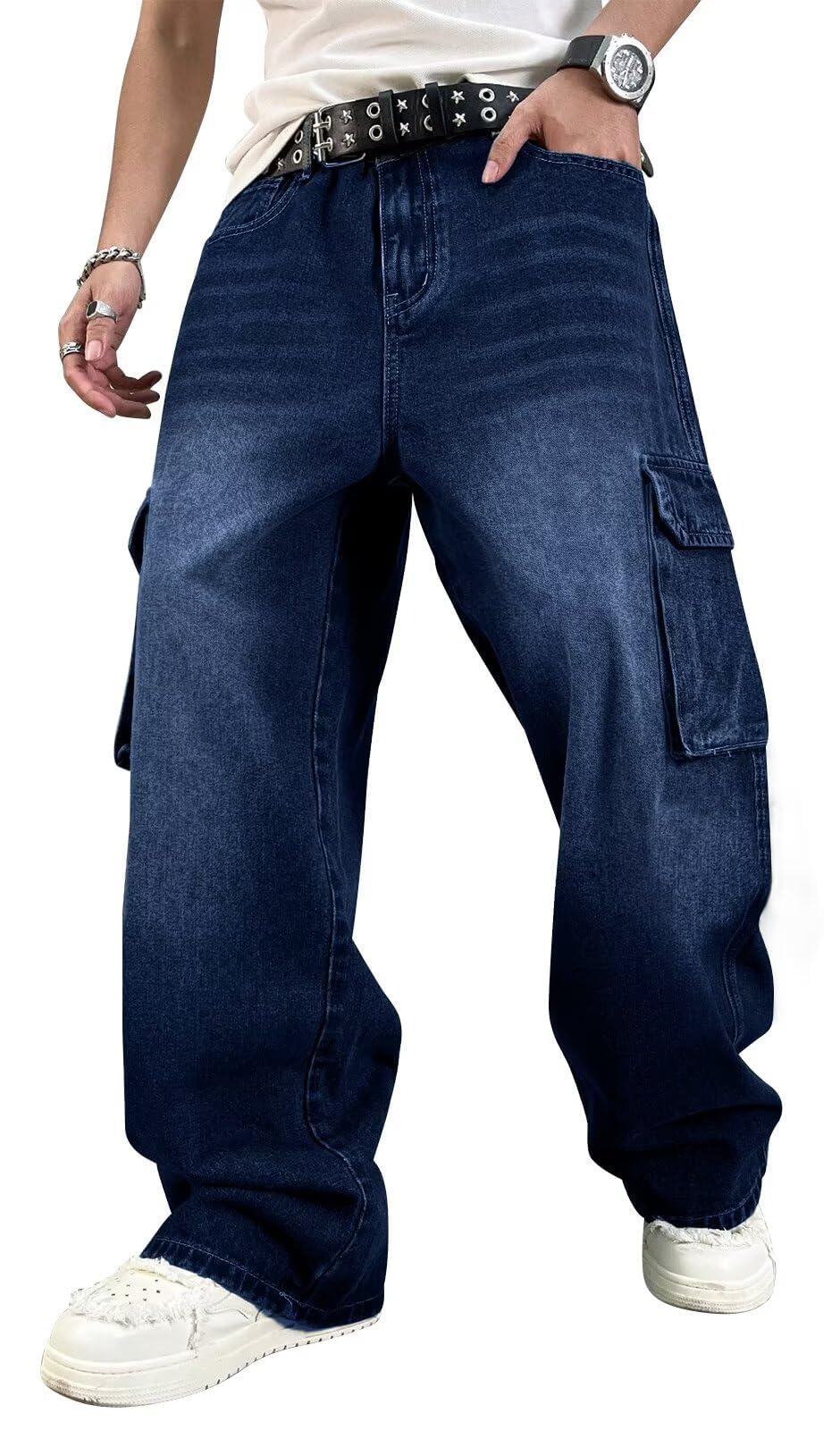HUNGSON Mens Baggy Cargo Jeans for Men Y2k Skater Vintage Plain Pants Casual Wide Leg Jeans Loose Fit Denim Jeans