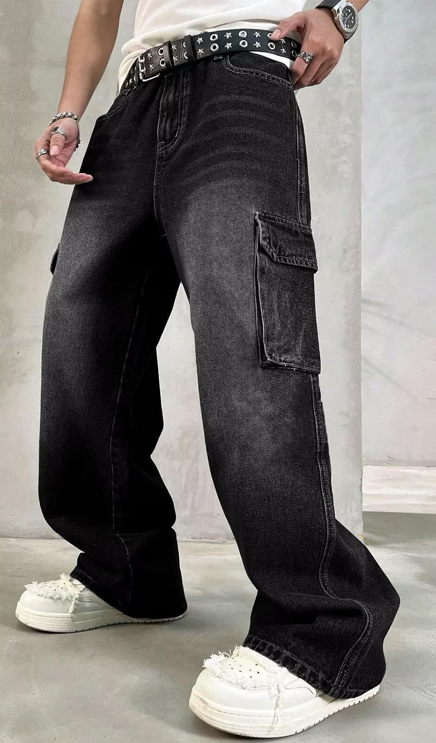 HUNGSON Mens Baggy Cargo Jeans for Men Y2k Skater Vintage Plain Pants Casual Wide Leg Jeans Loose Fit Denim Jeans