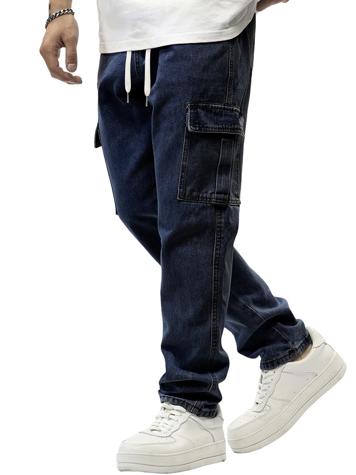 JMIERR Men's Elastic Waist Cargo Jeans Stretch Denim Pants with Drawstring Straight Leg for Casual Daily Wear