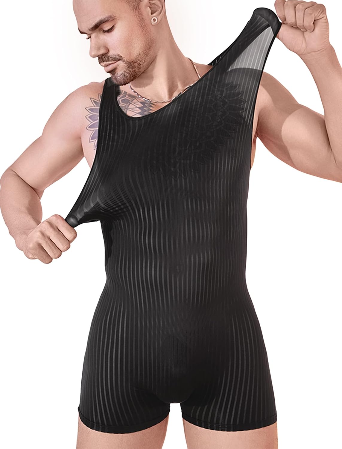 ABAFIP Men's Sexy Lingerie Bodysuit Stripe Mesh See Through Shorts Romper Sheer Underwear