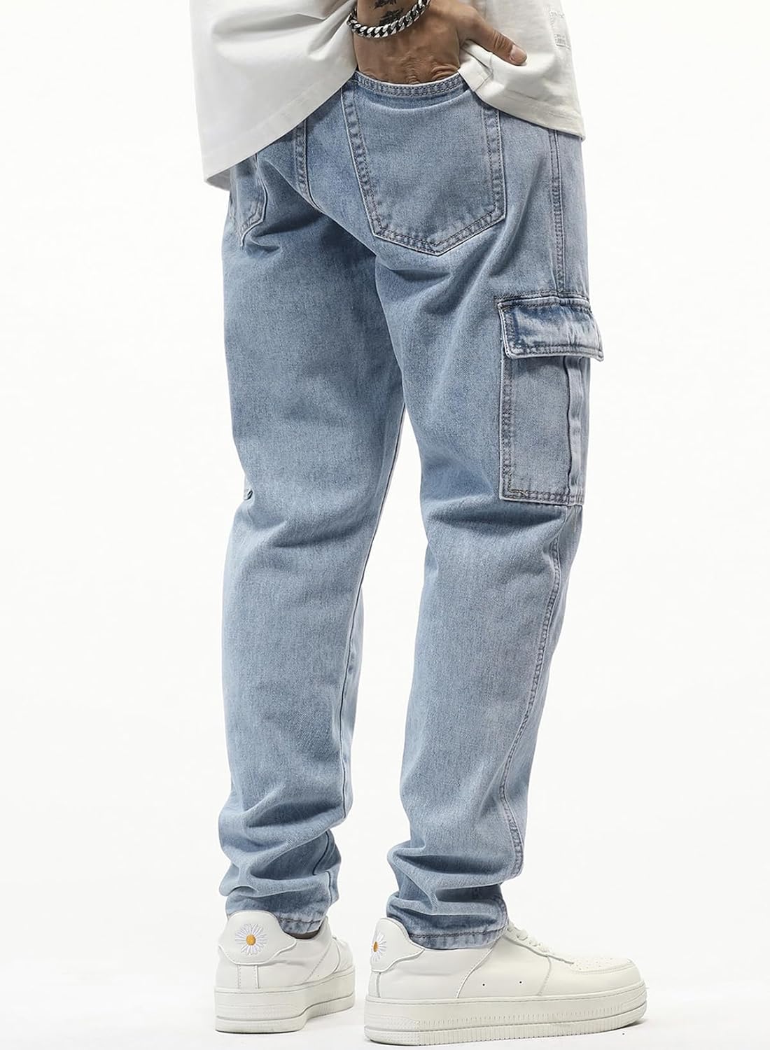 JMIERR Men's Elastic Waist Cargo Jeans Stretch Denim Pants with Drawstring Straight Leg for Casual Daily Wear