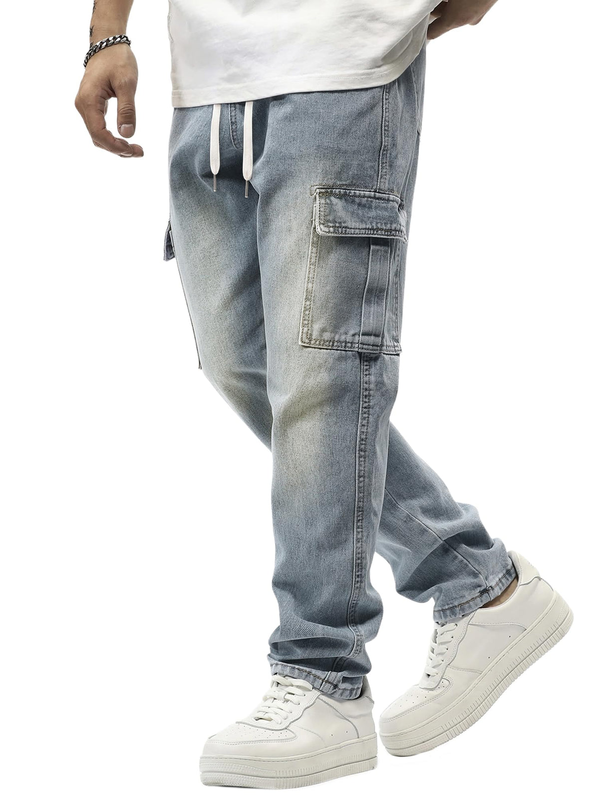 JMIERR Men's Elastic Waist Cargo Jeans Stretch Denim Pants with Drawstring Straight Leg for Casual Daily Wear