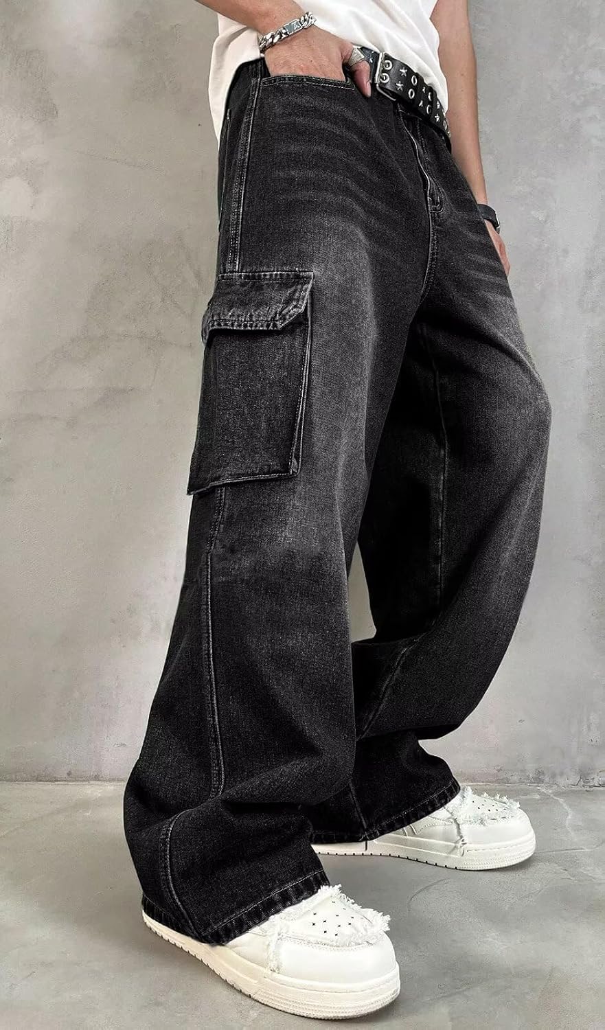 HUNGSON Mens Baggy Cargo Jeans for Men Y2k Skater Vintage Plain Pants Casual Wide Leg Jeans Loose Fit Denim Jeans