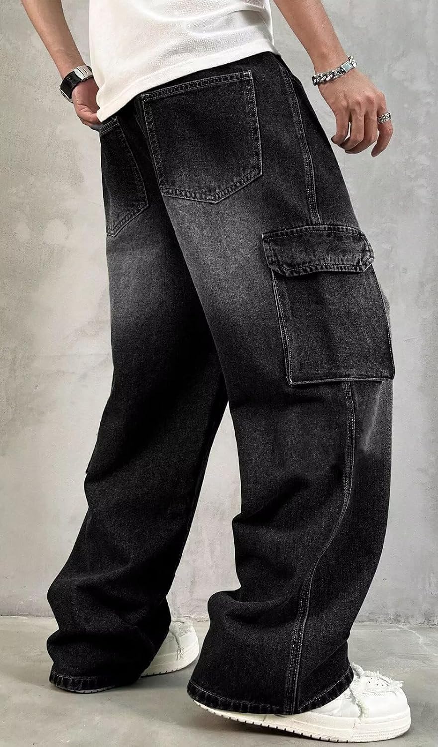 HUNGSON Mens Baggy Cargo Jeans for Men Y2k Skater Vintage Plain Pants Casual Wide Leg Jeans Loose Fit Denim Jeans