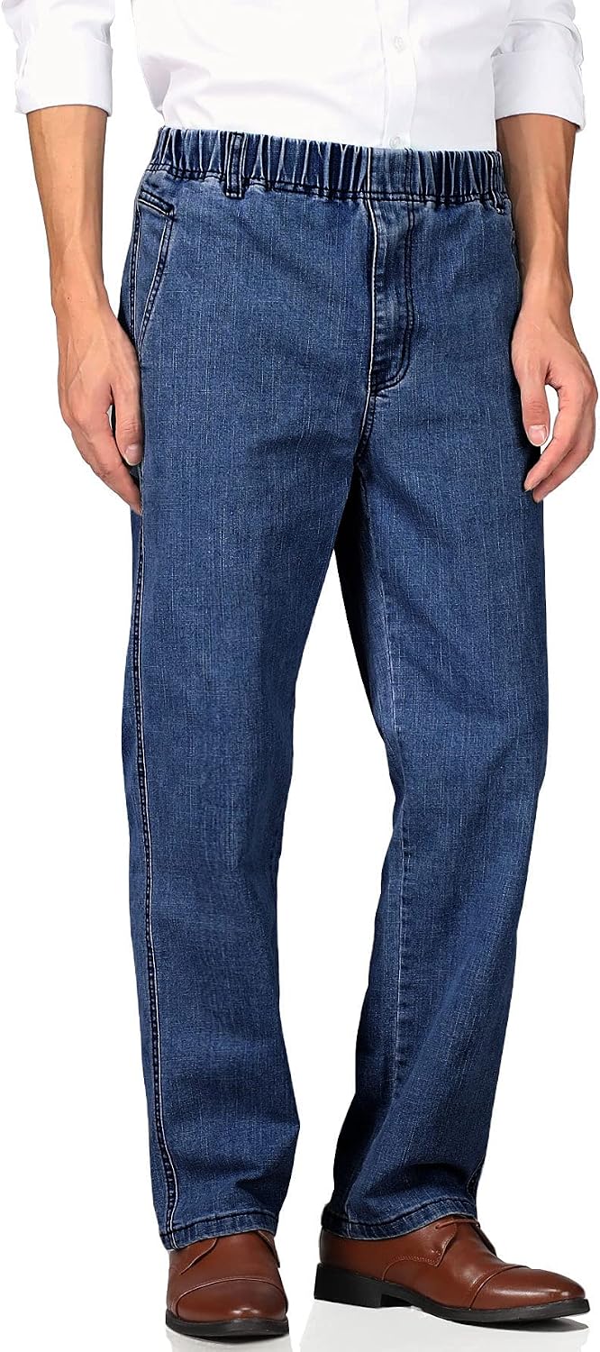 Soojun Mens Casual Loose Fit Elastic Waist Jeans Denim Pants