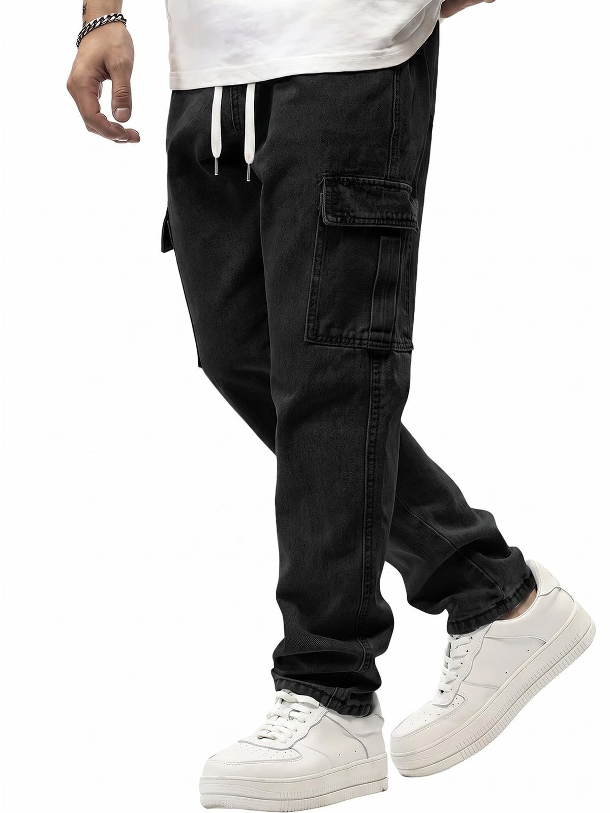 JMIERR Men's Elastic Waist Cargo Jeans Stretch Denim Pants with Drawstring Straight Leg for Casual Daily Wear