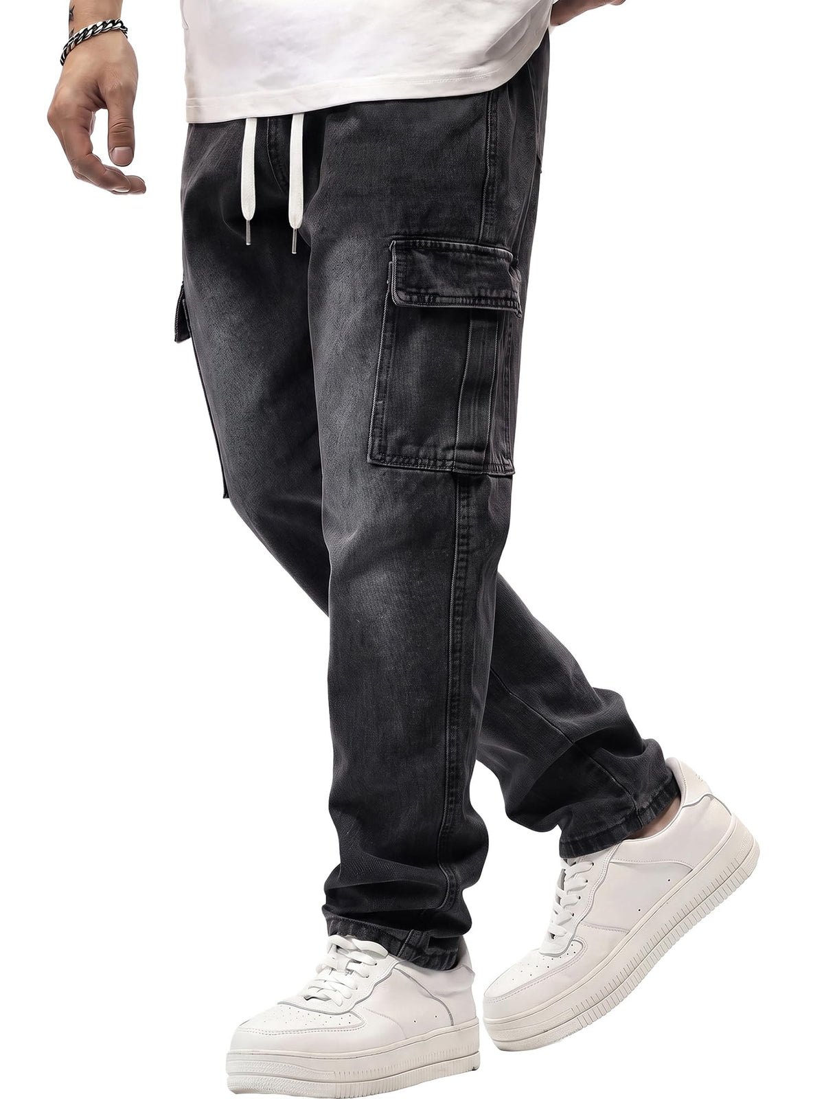 JMIERR Men's Elastic Waist Cargo Jeans Stretch Denim Pants with Drawstring Straight Leg for Casual Daily Wear