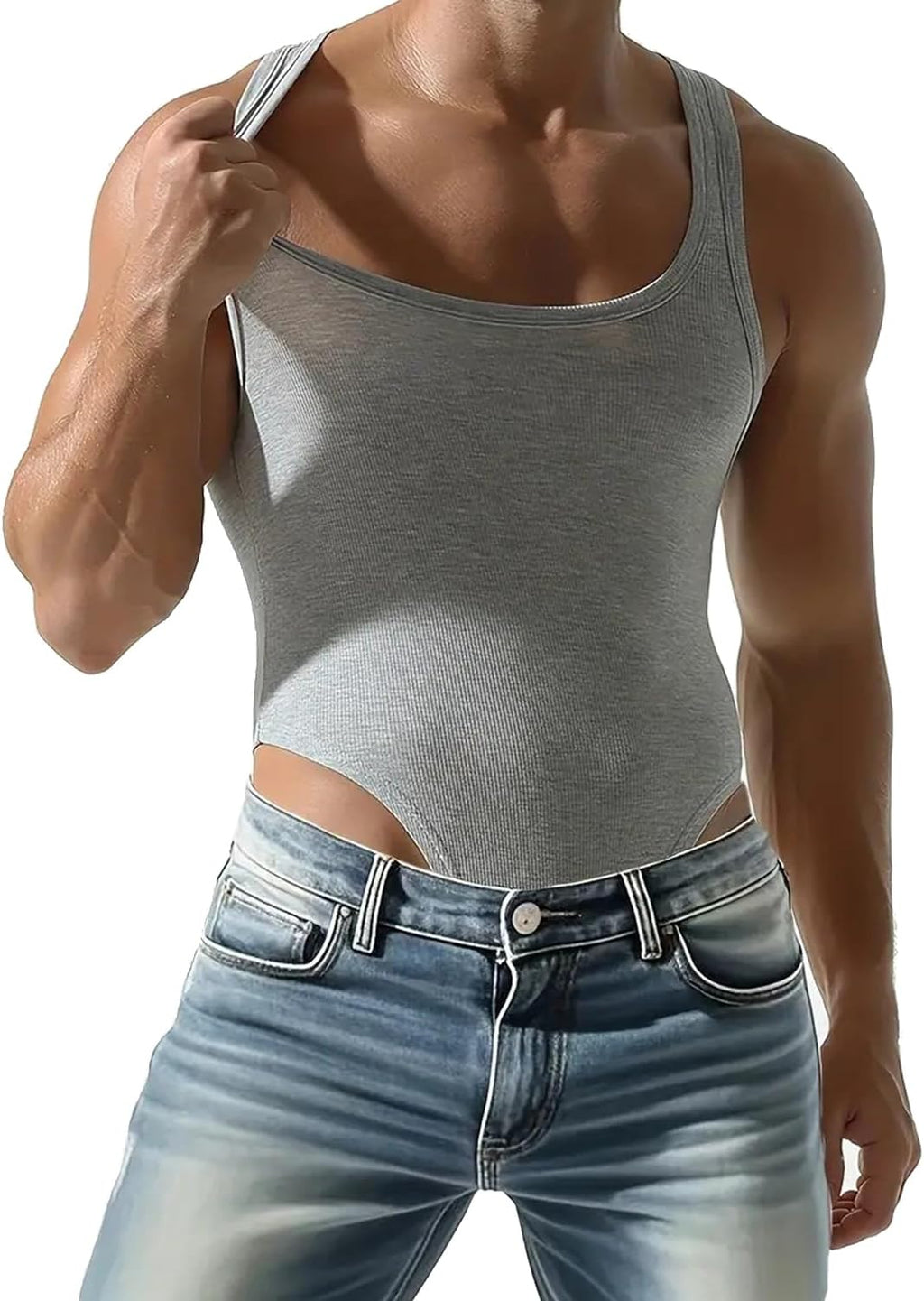MIZOK Men's Ribbed Slimming Shapewear Racerback Bodysuit Leotard Compression One Piece Wrestling Singlet
