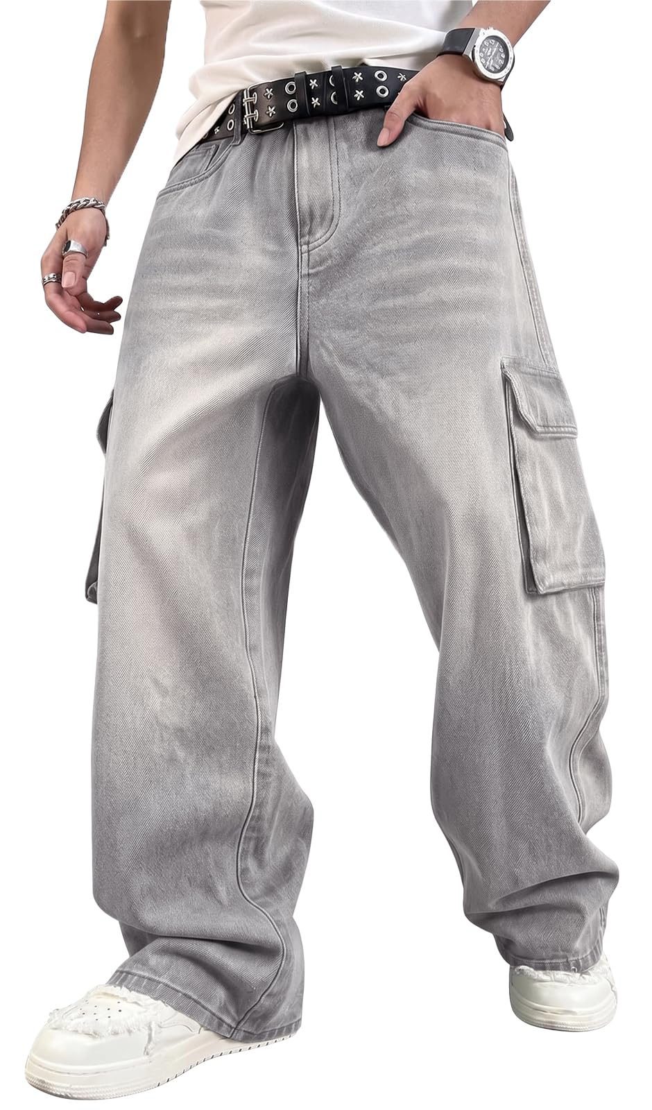 HUNGSON Mens Baggy Cargo Jeans for Men Y2k Skater Vintage Plain Pants Casual Wide Leg Jeans Loose Fit Denim Jeans
