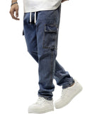 JMIERR Men's Elastic Waist Cargo Jeans Stretch Denim Pants with Drawstring Straight Leg for Casual Daily Wear