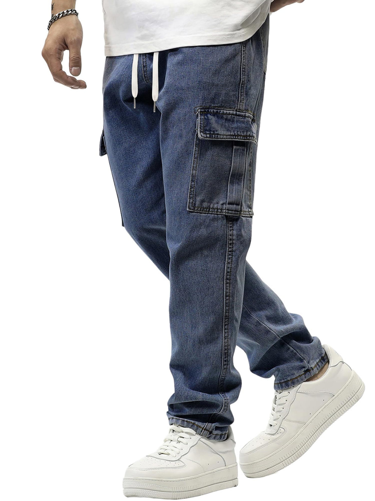 JMIERR Men's Elastic Waist Cargo Jeans Stretch Denim Pants with Drawstring Straight Leg for Casual Daily Wear