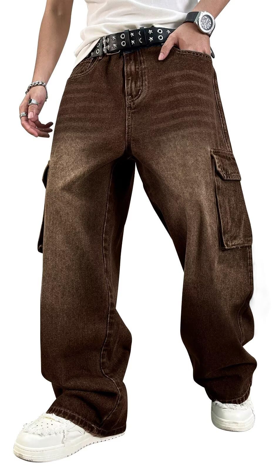 HUNGSON Mens Baggy Cargo Jeans for Men Y2k Skater Vintage Plain Pants Casual Wide Leg Jeans Loose Fit Denim Jeans
