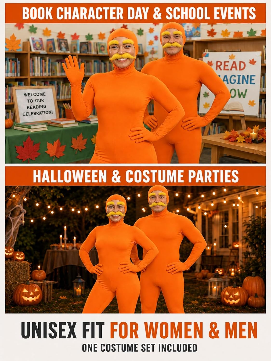 Unisex Adult Orange Bodysuit Halloween Costume with Mustache and Eyebrows
