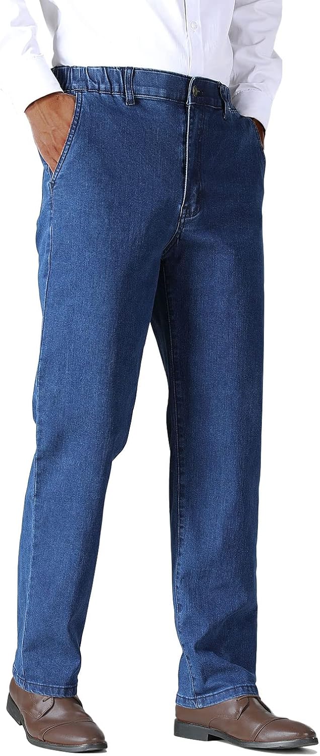 Soojun Mens Elastic Waist Jeans Relaxed Fit with Zipper and Button