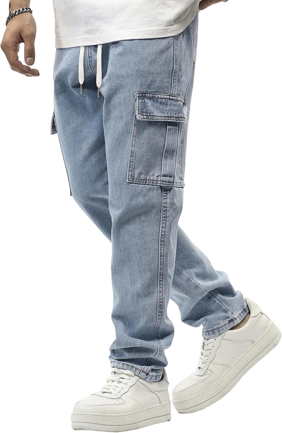 JMIERR Men's Elastic Waist Cargo Jeans Stretch Denim Pants with Drawstring Straight Leg for Casual Daily Wear