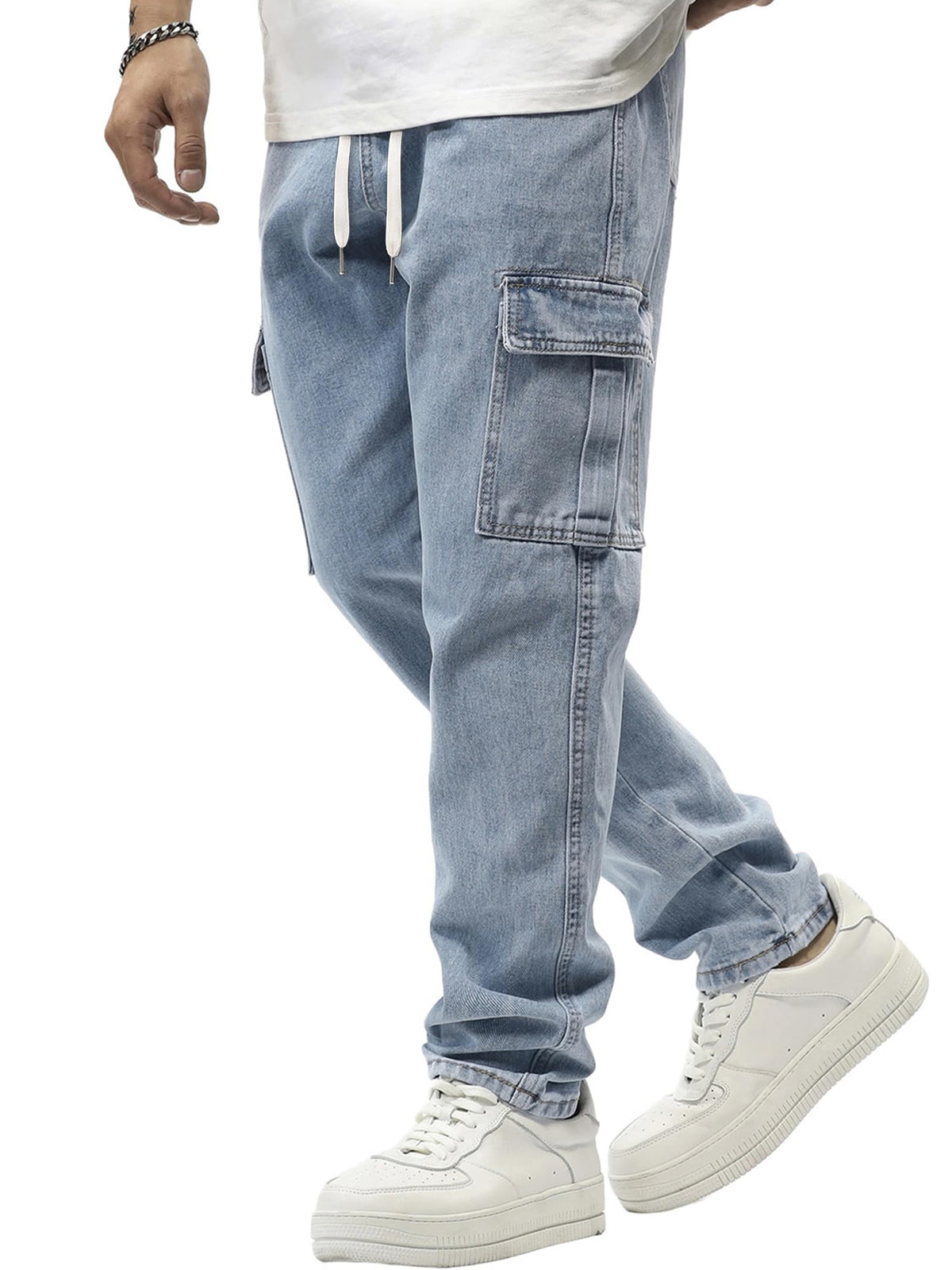 JMIERR Men's Elastic Waist Cargo Jeans Stretch Denim Pants with Drawstring Straight Leg for Casual Daily Wear