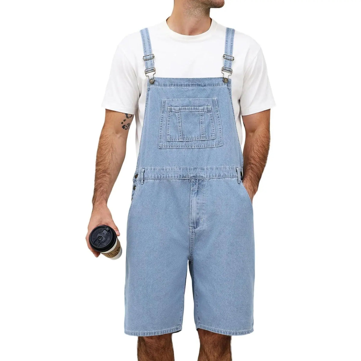 Men's Sleeveless Plain Denim Bib Overall Shorts - Casual Loose Fit Utility Work Jumpsuit with Multi-Functional Pockets (Bib, 2 Side, Cargo, 2 Back), Zip, Standard Sizes for Summer Menswear, 2 Side Pockets