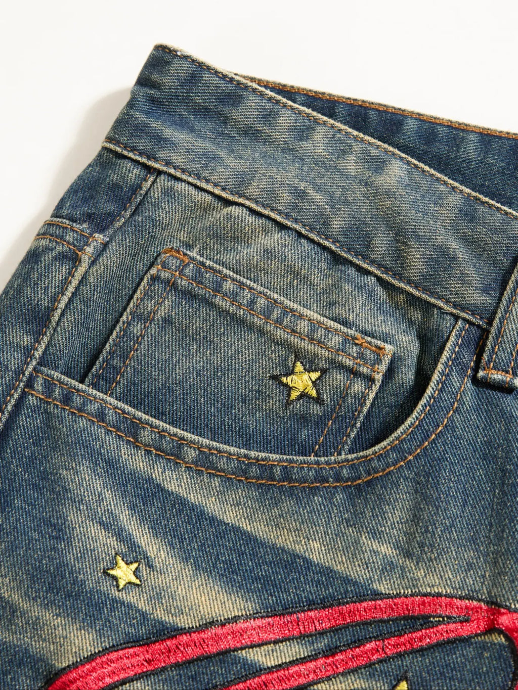 Men's Vintage Washed Leg Jeans, Casual Loose Fit Denim Jeans, Trendy Letter Embroidery, Relaxed Fit Jeans, All Seasons Wear, Vintage Inspired Jeans