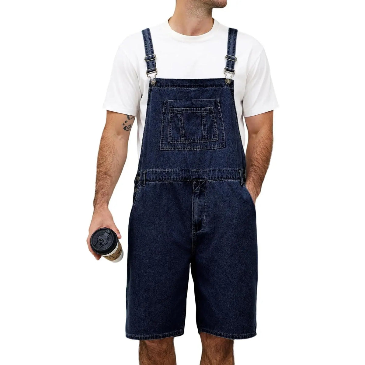 Men's Sleeveless Plain Denim Bib Overall Shorts - Casual Loose Fit Utility Work Jumpsuit with Multi-Functional Pockets (Bib, 2 Side, Cargo, 2 Back), Zip, Standard Sizes for Summer Menswear, 2 Side Pockets