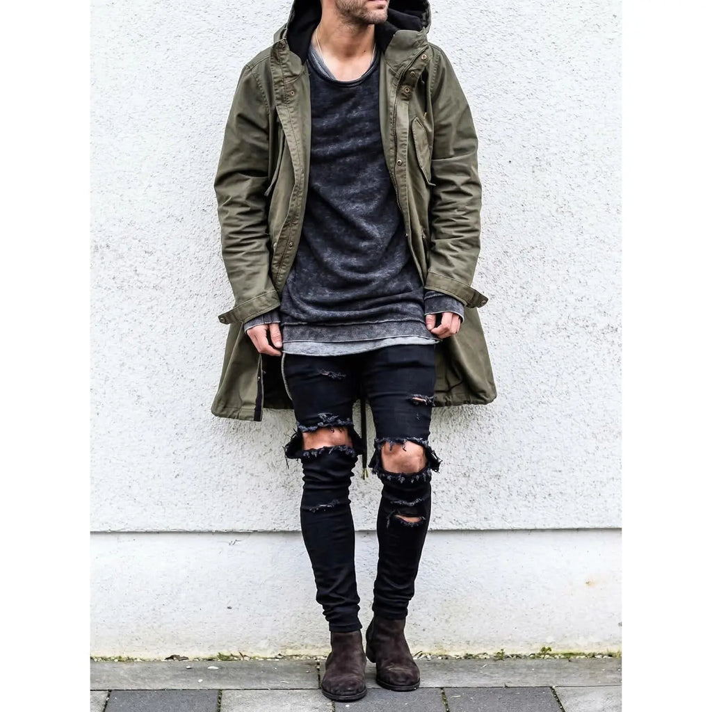 HUNGSON Men's Ripped Slim Denim Jeans - Soft Polyester-Cotton Fabric, Stretchy Skinny Fit, Breathable Distressed, Streetwear Plain Menswear Bottoms, Motocross Trousers (Denim Men's Ripped Jeans), Denim Men's Jeans sohochic