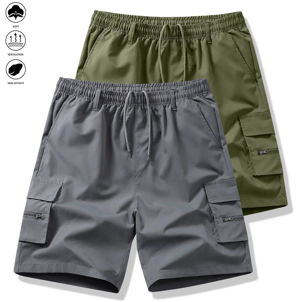 Men's 2-Piece Fitted Woven Work Jogger Shorts, Summer Trendy Casual Style, Multi-Pocket, Wear-Resistant, Wrinkle-Free, Tear-Resistant, Comfortable, Breathable, Stylish, Versatile, Elastic Drawstring